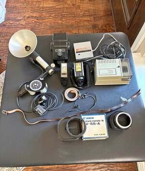 Vintage Camera Accessory Lot - Honeywell Strobonar, Vivitar Flashes, Canon Lens